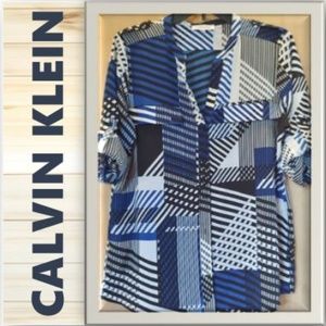 Calvin Klein Printed Split Neck Roll Sleeve Blouse